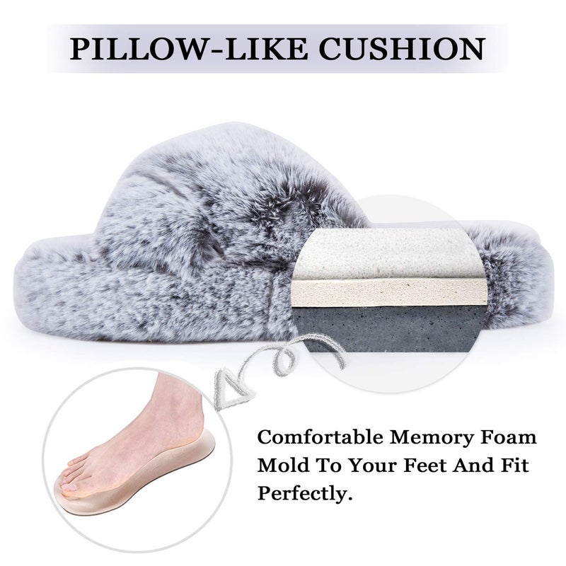 DL Fluffy Womens Cross Band Open Toe Soft Plush Fleece Bedroom Slippers - Memory Foam Comfy Non-Slip Fuzzy Indoor Slippers - Pink, Gray, Black, White - Image 4